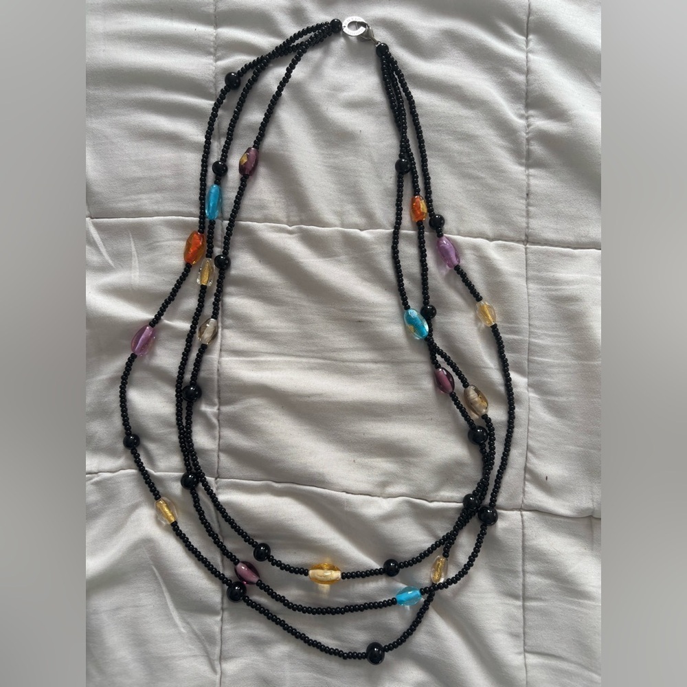 Antica Murrina Art Glass Triple 3 Strand Necklace Black Purple Orange Blue